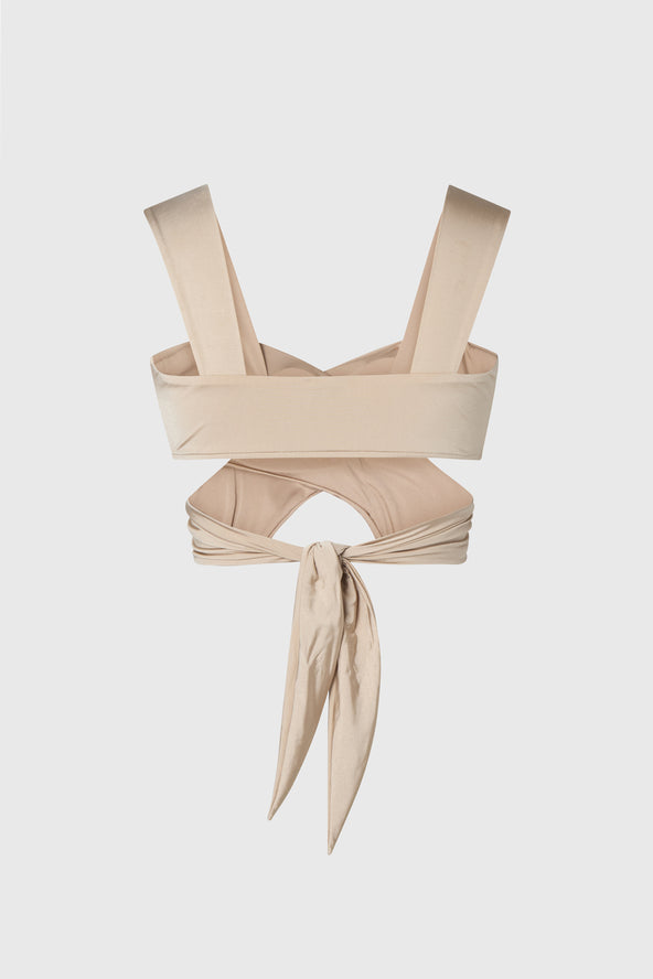 Wrap style bikini with tie at back, back view on white ground